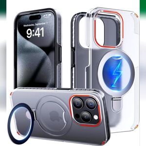 iPhone 15 pro case, clear with black accents, mag&stand